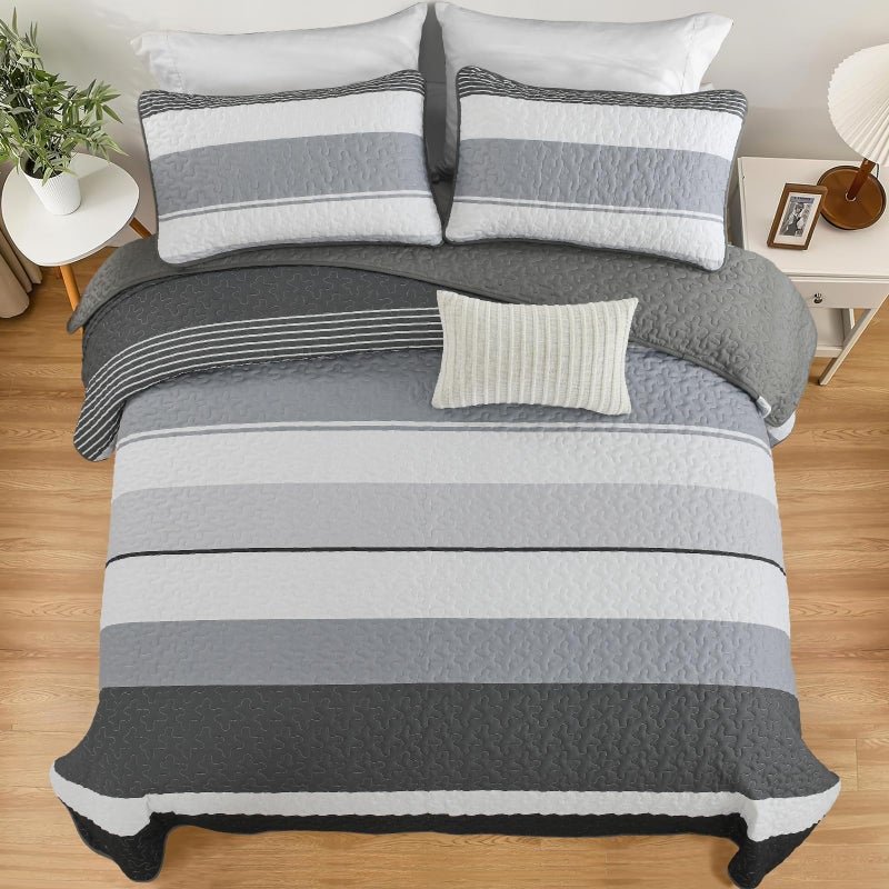Dinjoy Black and White Striped King Size Quilt Set Boho King Quilt Bedding Set Lightweight Dark Grey Bedspreads Summer Micofiber 3 Pieces Farmhouse Quilts Patchwork Coverlet Bed Sets for Men - Image 5