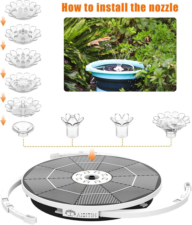 AISITIN 3.5W Solar Fountain Pump, LED Lighting Solar Water Pump Floating Fountain with 6 Nozzles, 1500mAh Battery Backup for Bird Bath, Fish Tank, Pond or Garden Decoration Solar Aerator Pump - Image 5