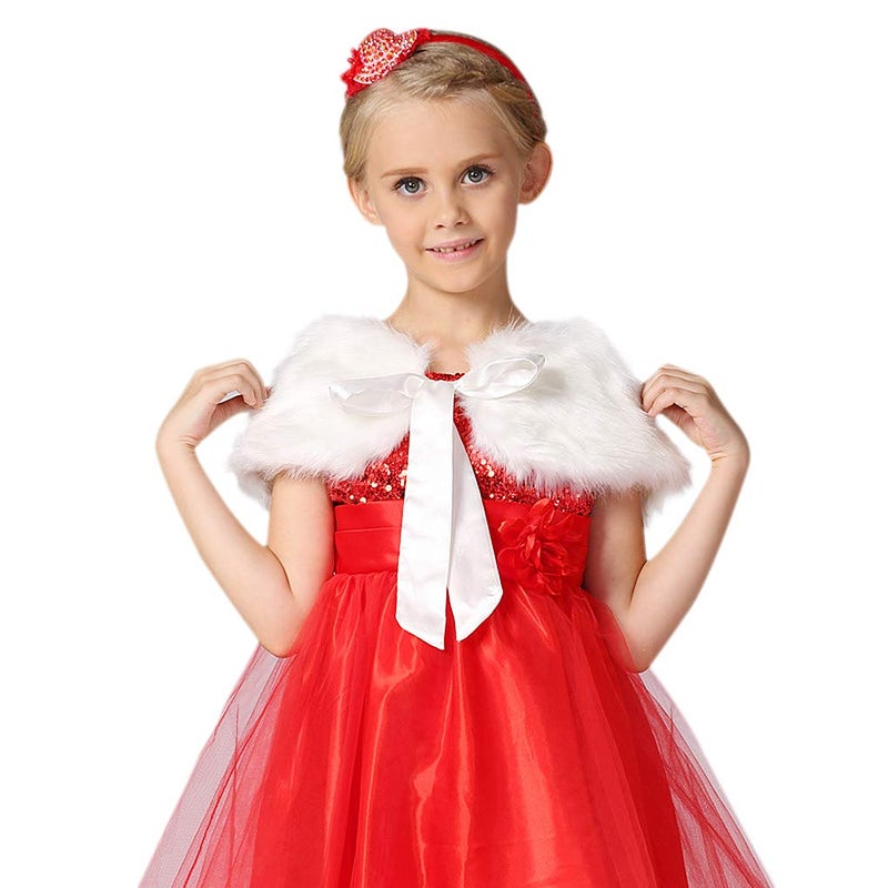 FakeFace Flower Girls Wrap Shawl Wedding Bridesmaid Tippet Stole Christmas Party Dress Costume Shrug Capelet (White) - Image 2