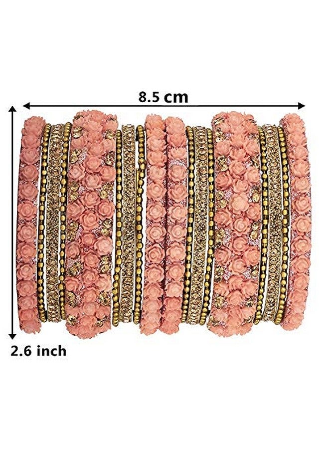 Aheli Ethnic Colorful Metal Bangles Chudha Set Stone Studded Bangle Set Indian Wedding Wear Fashion Jewelry For Women u0026 Girls (Peach) - Image 3