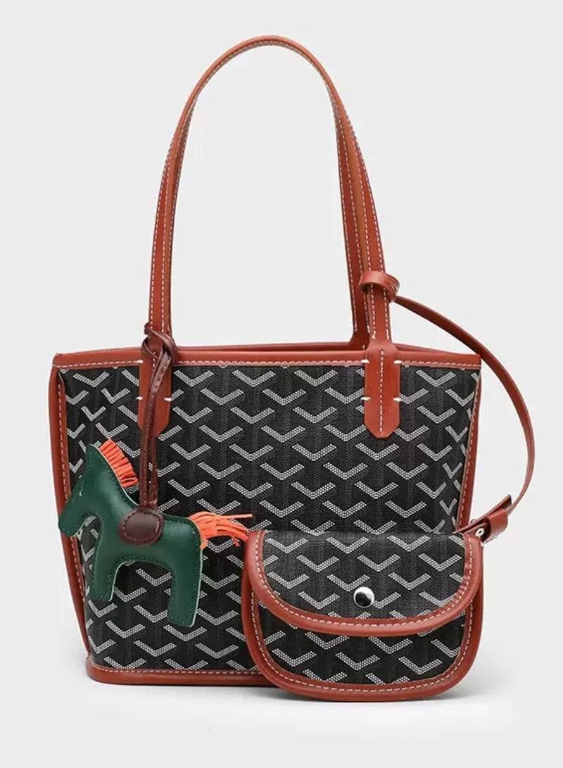 Printed shopper handbag brown pony pendant random small  - Image 1