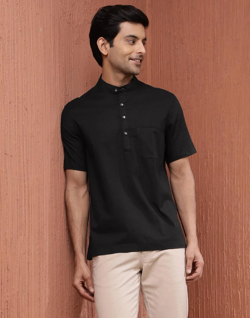 فاب انديا Black Cotton Comfort Fit Mid Placket Shirt