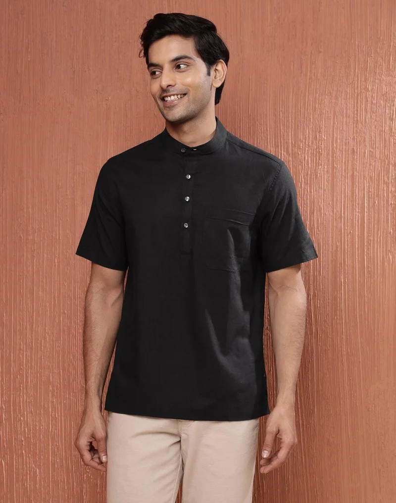 فاب انديا Black Cotton Comfort Fit Mid Placket Shirt