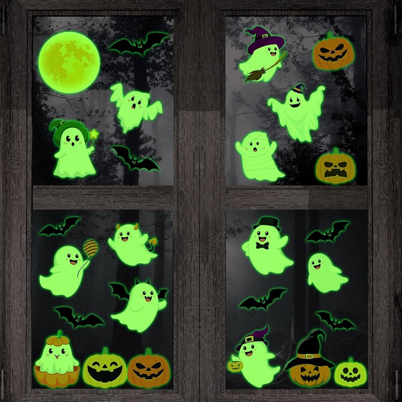 Containlol 26 Pcs Glow in The Dark Halloween Window Clings  Large Pumpkin Ghost Luminous Decals Removable Cute Halloween Theme Stickers for Kitchen Home Glass Mirror Decorations - Image 1