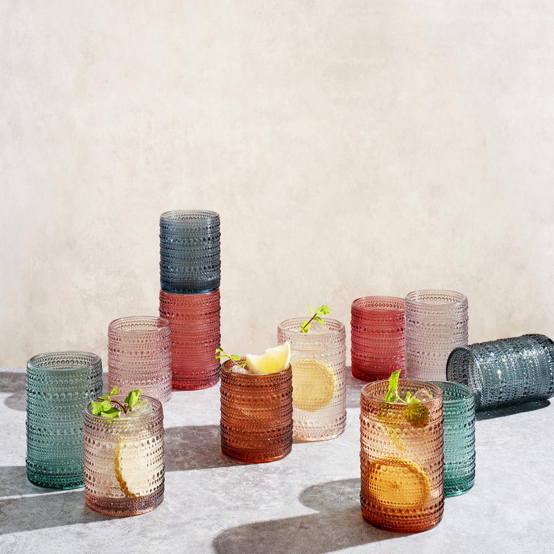 Khen Hobnail Beaded Highball Drinking Tumbler Glasses | Set of 12 | Color, Vintage Bubble Design Whiskey Glassware, Old-Fashioned, Embossed Design for Water, Wine, Cocktail Embossed, Rocks Glass - Image 4