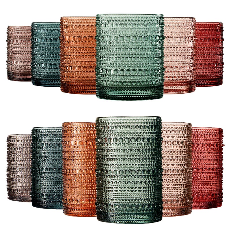 Khen Hobnail Beaded Highball Drinking Tumbler Glasses | Set of 12 | Color, Vintage Bubble Design Whiskey Glassware, Old-Fashioned, Embossed Design for Water, Wine, Cocktail Embossed, Rocks Glass - Image 1