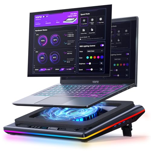 llano V12 Ultra Laptop Cooling Pad with Smart Software Control, RGB Gaming Laptop Fan Cooler Stand, 5.5" Turbo Fan, Adjustable Speed, 3-Port USB 3.0 Hub, 3 Height Stands, for 15.6"-19" Laptops, Black - Image 1