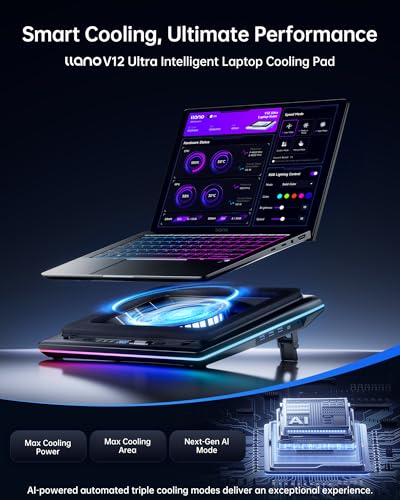 llano V12 Ultra Laptop Cooling Pad with Smart Software Control, RGB Gaming Laptop Fan Cooler Stand, 5.5" Turbo Fan, Adjustable Speed, 3-Port USB 3.0 Hub, 3 Height Stands, for 15.6"-19" Laptops, Black - Image 2