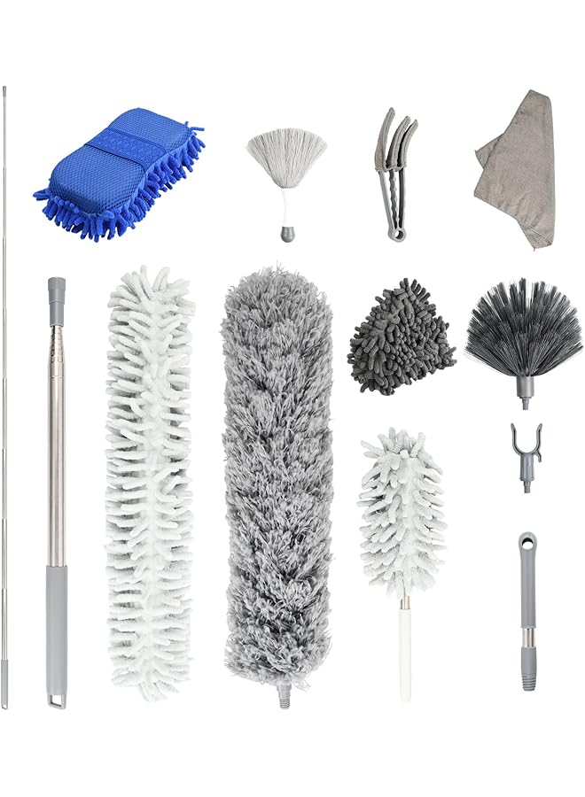erorex 12 Pieces Telescopic Duster, Extendable Washable Microfibre Duster for Cleaning Internal Roofs, Maximum Length 213 cm, Various Cleaning Tools - Image 1