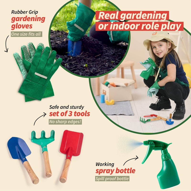 Born Toys مجموعة أدوات الحدائق للأطفال من بورن تويز للأعمار من 3 إلى 7 سنوات، مئزر حديقة، قبعة شمس، مجرفة، قفازات للأطفال، ملابس تنكرية ولعب تمثيلي، أزياء للأولاد والبنات - Image 3