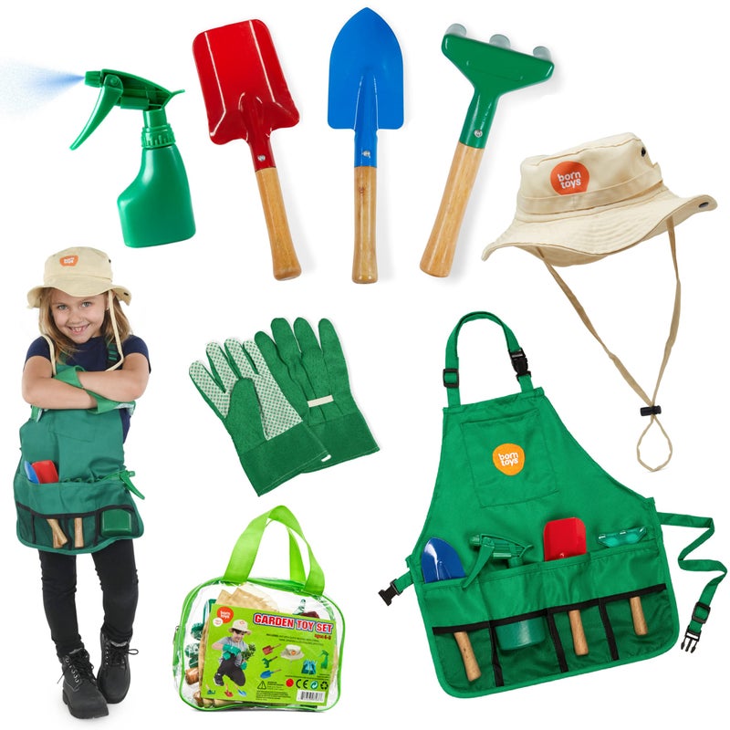 Born Toys مجموعة أدوات الحدائق للأطفال من بورن تويز للأعمار من 3 إلى 7 سنوات، مئزر حديقة، قبعة شمس، مجرفة، قفازات للأطفال، ملابس تنكرية ولعب تمثيلي، أزياء للأولاد والبنات - Image 1