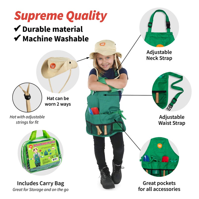 Born Toys مجموعة أدوات الحدائق للأطفال من بورن تويز للأعمار من 3 إلى 7 سنوات، مئزر حديقة، قبعة شمس، مجرفة، قفازات للأطفال، ملابس تنكرية ولعب تمثيلي، أزياء للأولاد والبنات - Image 2
