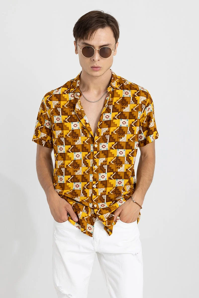 SNITCH Mustard Geometric Half Sleeve Slim Fit Shirt