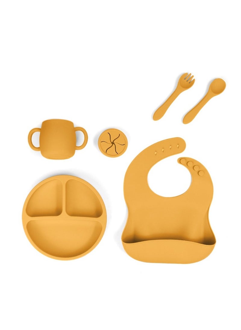Children's Silicone Tableware Set (Baby Food Tray, Tableware, Tray + Saliva Holder + Fork And Spoon + Water Cup + Lid) Yellow Five-Piece set - Image 1