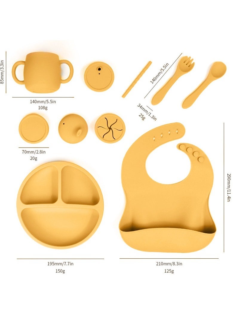 Children's Silicone Tableware Set (Baby Food Tray, Tableware, Tray + Saliva Holder + Fork And Spoon + Water Cup + Lid) Yellow Five-Piece set - Image 2