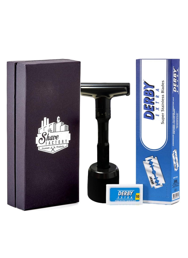 the shave factory The Shave Factory Adjustable Safety Razor with Double Edge Safety Razor Blades Perfect Traditional Shaving Set for Wet Shaving Enthusiasts 200 Derby Extra Razor Blades Black 