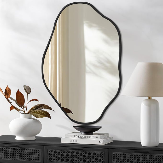 BLACK IRREGULAR WALL MIRROR 24X36 INCH ABSTRACT WALL DECOR WITH WOOD FRAME ASYMMETRICAL VANITY MIRROR FOR BATHROOM BEDROOM LIVING ROOM ENTRYWAY