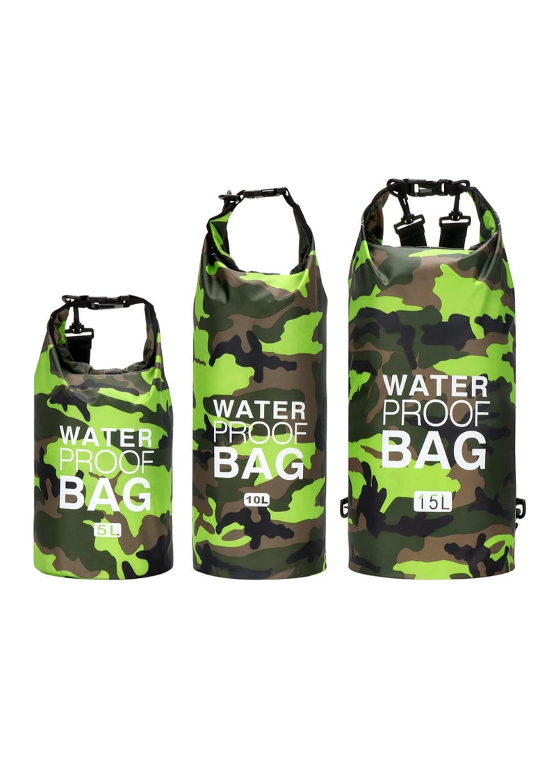 Zikra Waterproof Dry Bag 3 Pack Camouflage Roll Top Lightweight Dry Sack Backpack Bundle for Kayaking Floating Boating Swimming Rafting Fishing Camping Beach 5L&10L&15L - Image 1