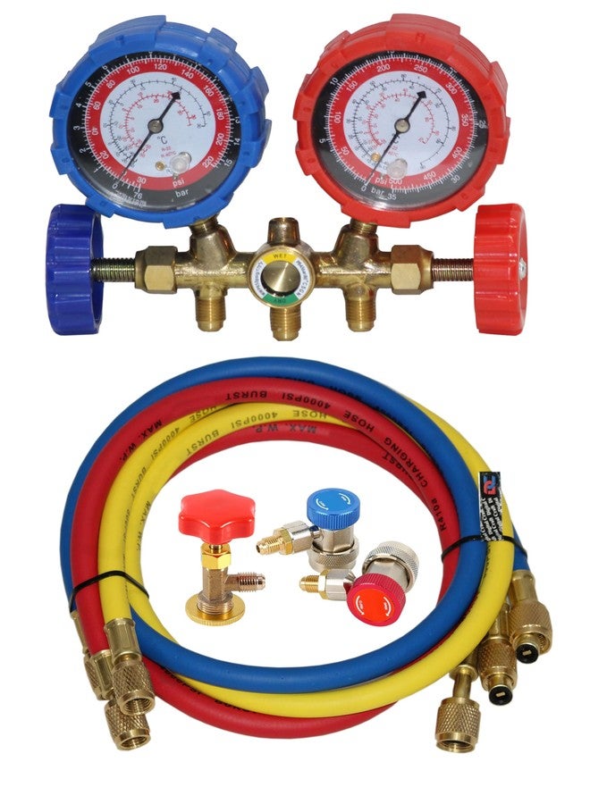 Digital Craft Manifold Gauge Set for Air Conditioning & Refrigeration - AC Service Tool Kit Compatible with R12, R22, R404A & R134A, Includes Tap Valve & Quick Coupler Adapters - Image 1