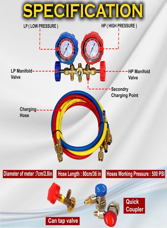 Digital Craft Manifold Gauge Set for Air Conditioning & Refrigeration - AC Service Tool Kit Compatible with R12, R22, R404A & R134A, Includes Tap Valve & Quick Coupler Adapters - Image 4