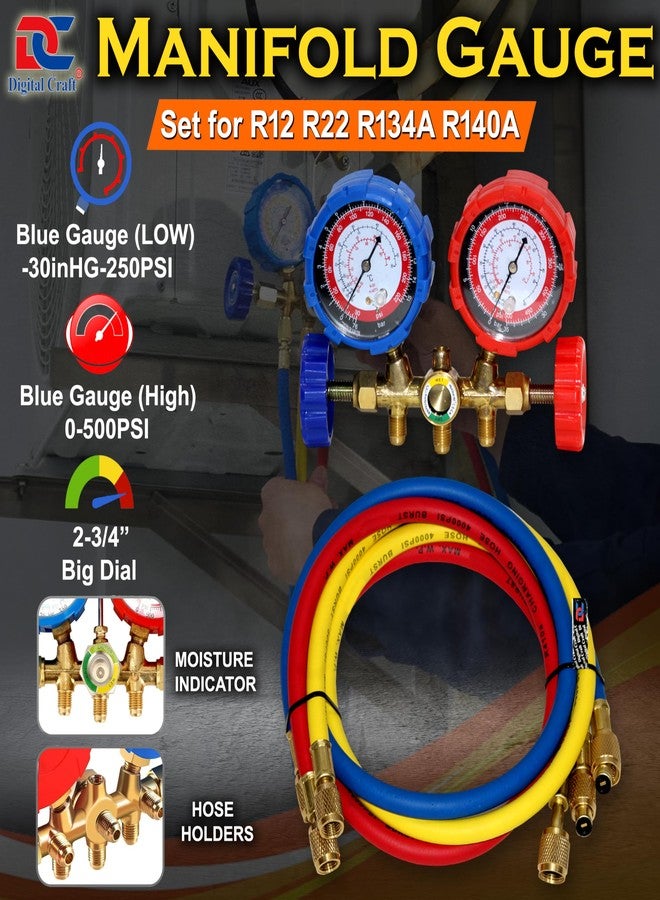 Digital Craft Manifold Gauge Set for Air Conditioning & Refrigeration - AC Service Tool Kit Compatible with R12, R22, R404A & R134A, Includes Tap Valve & Quick Coupler Adapters - Image 2