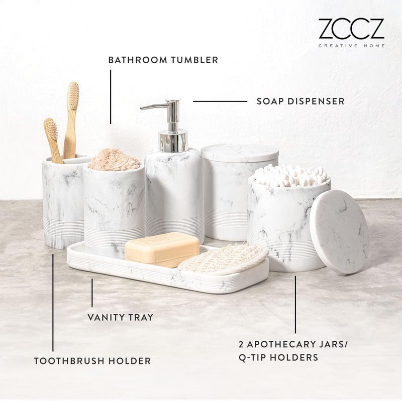 ZCCZ - مجموعة ملحقات الحمام 6 قطع - حامل فرشاة أسنان بتصميم رخام أبيض، موزع الصابون واللوشن، موزع حامل أعواد الق��ن (2 قطعة)، صينية الزينة، كوب الحمام - منظم الزينة الزخرفي للأسطح - Image 3