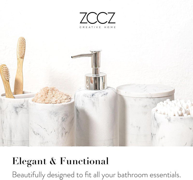 ZCCZ - مجموعة ملحقات الحمام 6 قطع - حامل فرشاة أسنان بتصميم رخام أبيض، موزع الصابون واللوشن، موزع حامل أعواد الق��ن (2 قطعة)، صينية الزينة، كوب الحمام - منظم الزينة الزخرفي للأسطح - Image 2