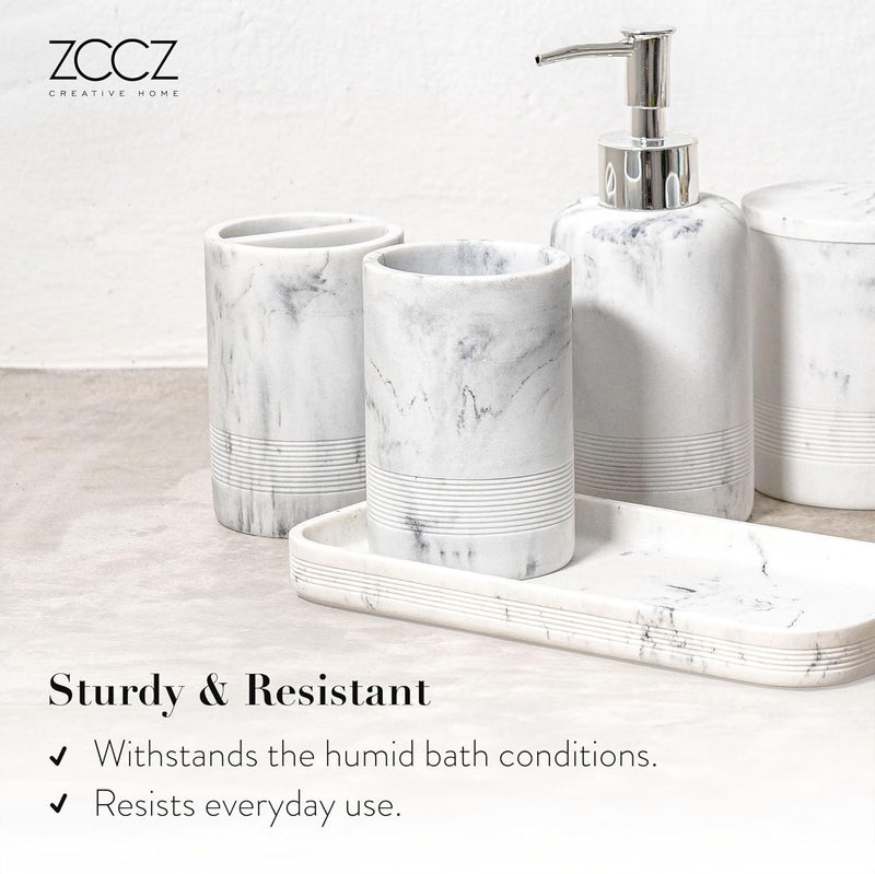 ZCCZ - مجموعة ملحقات الحمام 6 قطع - حامل فرشاة أسنان بتصميم رخام أبيض، موزع الصابون واللوشن، موزع حامل أعواد الق��ن (2 قطعة)، صينية الزينة، كوب الحمام - منظم الزينة الزخرفي للأسطح - Image 5