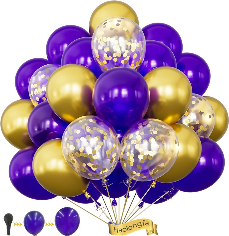 Haolongfa Purple And Gold Balloons 12 In 60 Pcs Dark Purple Balloon Metallic Gold Balloons And Confetti Balloon  For Mothers Day Decor  Class Of 2025 Graduation Decor  Baby Shower  Birthday  Wedding Supplies - Image 1