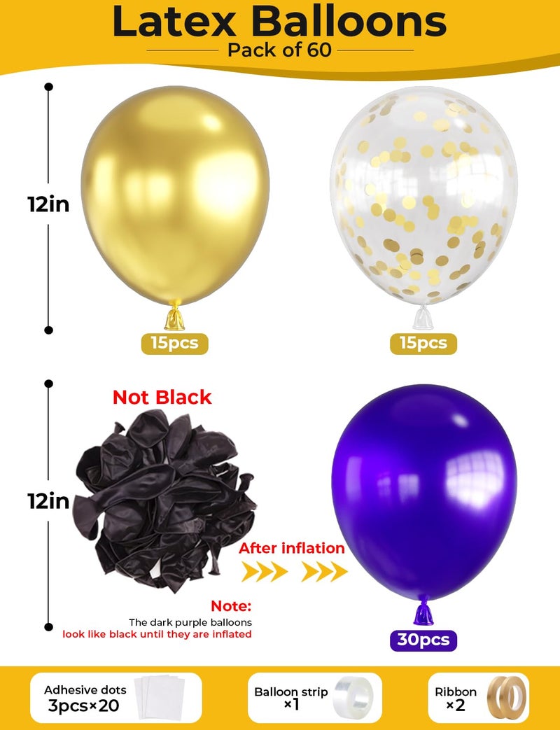 Haolongfa Purple And Gold Balloons 12 In 60 Pcs Dark Purple Balloon Metallic Gold Balloons And Confetti Balloon  For Mothers Day Decor  Class Of 2025 Graduation Decor  Baby Shower  Birthday  Wedding Supplies - Image 2