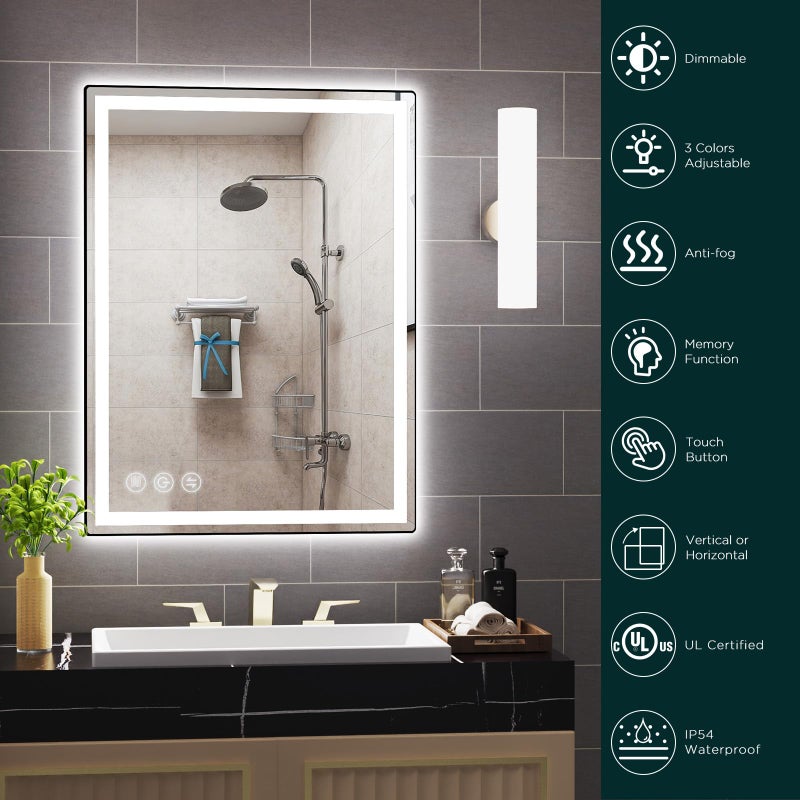 Memobarco LED Bathroom Mirror 24"x 32" with Stepless Dimmable Wall Mirrors with Anti-Fog, Dimmable CRI>90, Vanity Mirror with 3 Color Modes, Shatter-Proof, Memory Bathroom Mirror with LED Lights - Image 3