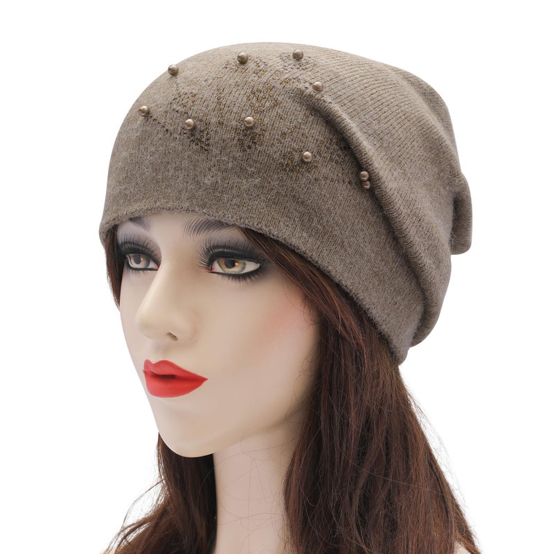 ZLYC Women Knit Slouchy Beanie Hats Soft Winter Stretch Skull Cap, Beads Khaki - Image 3