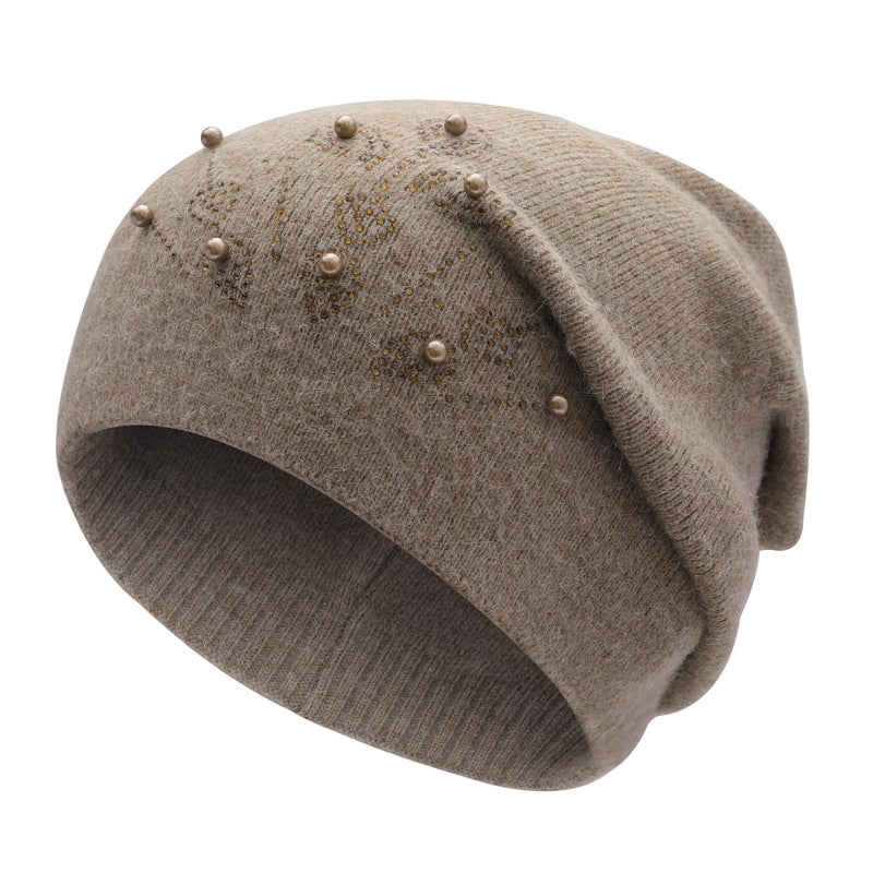 ZLYC Women Knit Slouchy Beanie Hats Soft Winter Stretch Skull Cap, Beads Khaki - Image 1