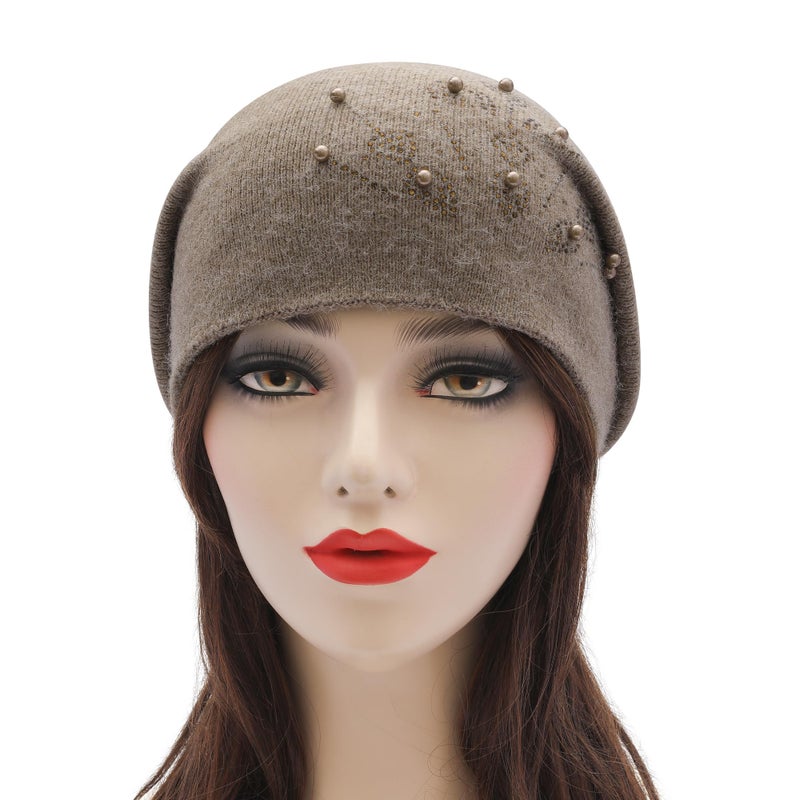 ZLYC Women Knit Slouchy Beanie Hats Soft Winter Stretch Skull Cap, Beads Khaki - Image 2