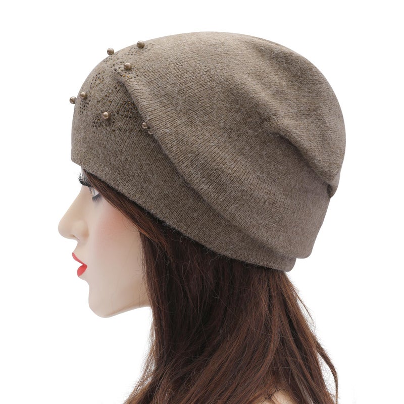ZLYC Women Knit Slouchy Beanie Hats Soft Winter Stretch Skull Cap, Beads Khaki - Image 4