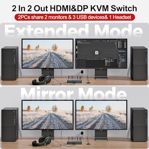 UNITEK مفتاح KVM من يونيتيك لشاشتين وكمبيوترين 4K@60Hz HDMI + Displayport مع 3 منافذ USB لمشاركة لوحة المفاتيح والفأرة ومحركات الأقراص والميكروفون وسماعة الرأس وكابل USB-B 2 ومحول DC 5V - Image 2