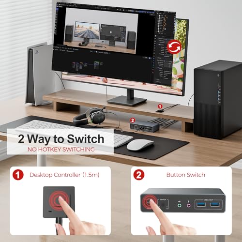 UNITEK مفتاح KVM من يونيتيك لشاشتين وكمبيوترين 4K@60Hz HDMI + Displayport مع 3 منافذ USB لمشاركة لوحة المفاتيح والفأرة ومحركات الأقراص والميكروفون وسماعة الرأس وكابل USB-B 2 ومحول DC 5V - Image 4