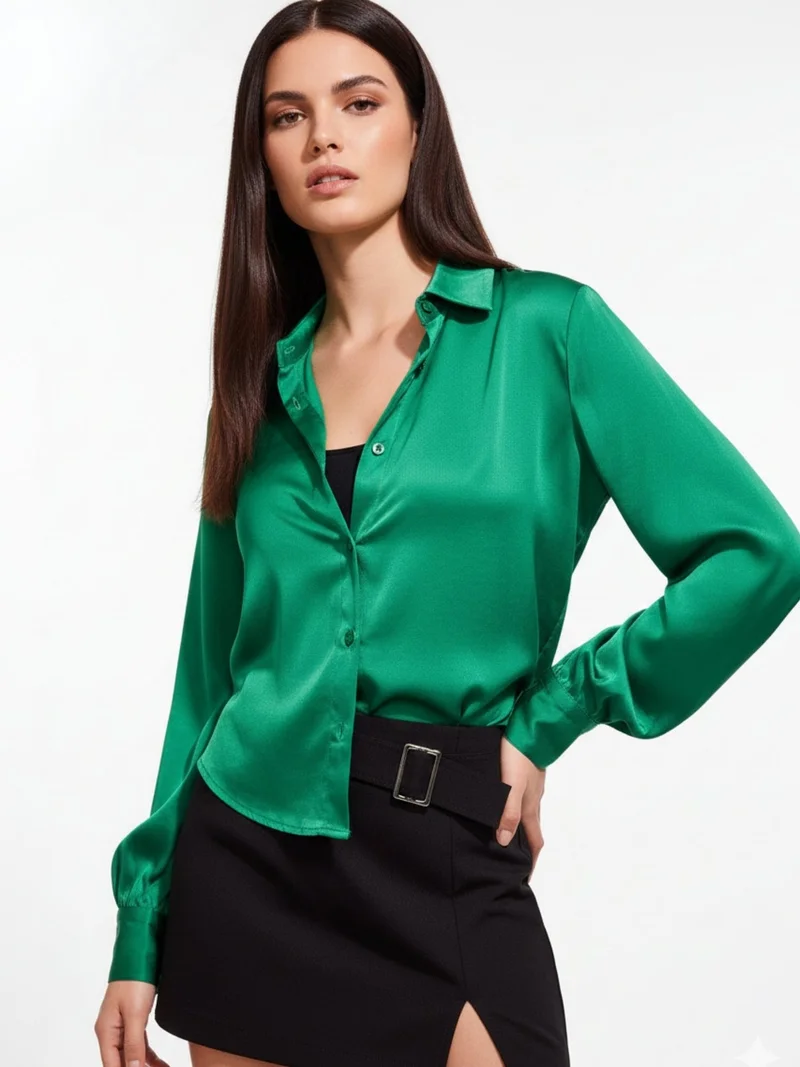 Green Relaxed Fit Satin Shirt