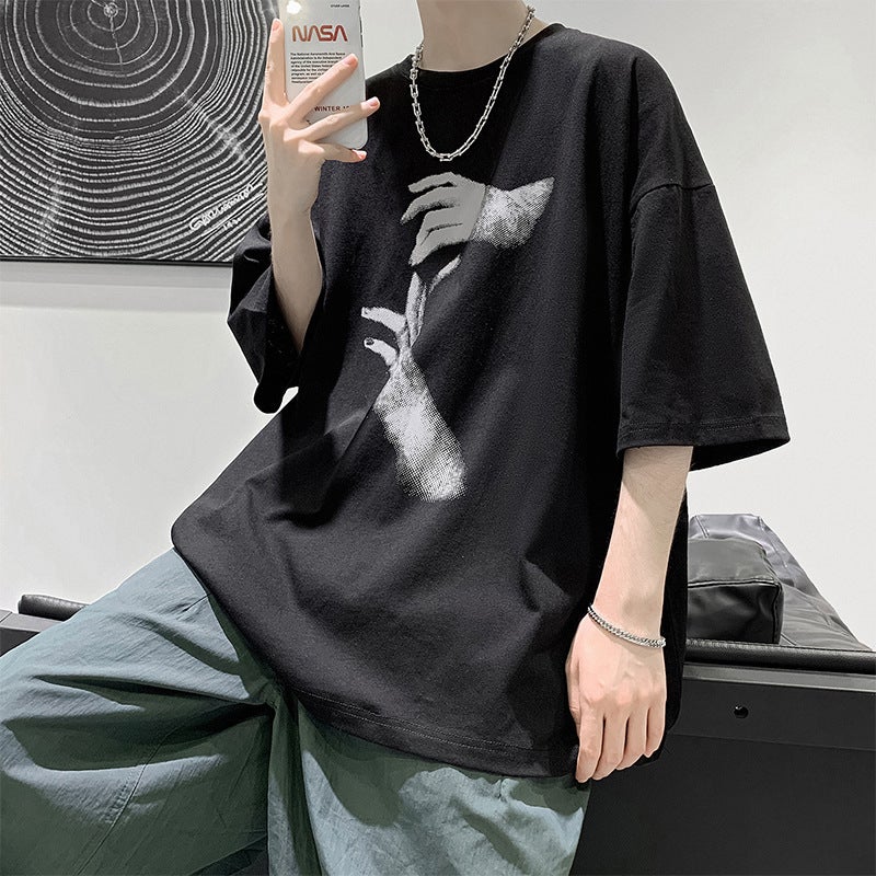 New Men's Short-sleeved T-shirt Hong Kong Style ins Trendy Loose Half-sleeved Top All-match Handsome Student Trendy Brand T-shirt - Image 5