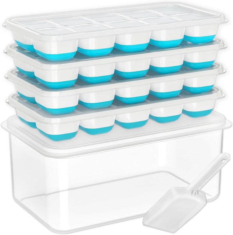 DOQAUS Ice Cube Tray with Lid and Bin - 4 Pack Silicone Ice Cube Trays for Freezer, Stackable Ice Bucket Kits with Storage Container & Scoop - Image 1