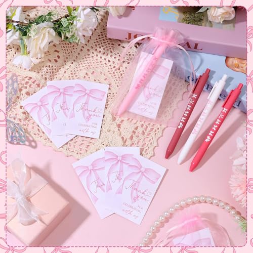 Shknldzsm 24 Sets Pink Bow Baby Shower Ballpoint Pens Party Favors Ribbon Thank You Cards Coquette Retractable Pen with Black Gel Ink for Guests Office Stationery Women Wedding Supplies - Image 3