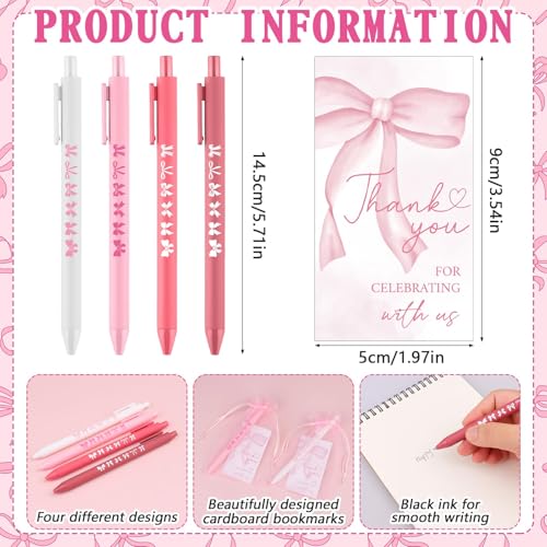 Shknldzsm 24 Sets Pink Bow Baby Shower Ballpoint Pens Party Favors Ribbon Thank You Cards Coquette Retractable Pen with Black Gel Ink for Guests Office Stationery Women Wedding Supplies - Image 2
