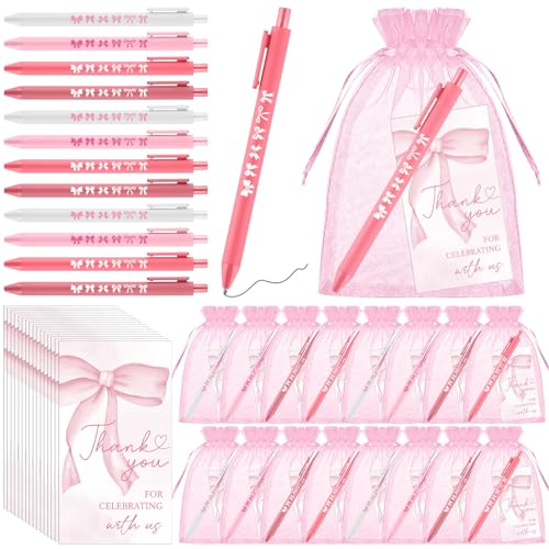 Shknldzsm 24 Sets Pink Bow Baby Shower Ballpoint Pens Party Favors Ribbon Thank You Cards Coquette Retractable Pen with Black Gel Ink for Guests Office Stationery Women Wedding Supplies - Image 1