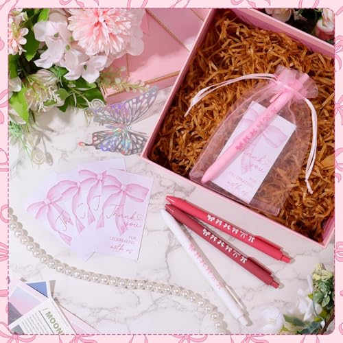 Shknldzsm 24 Sets Pink Bow Baby Shower Ballpoint Pens Party Favors Ribbon Thank You Cards Coquette Retractable Pen with Black Gel Ink for Guests Office Stationery Women Wedding Supplies - Image 4