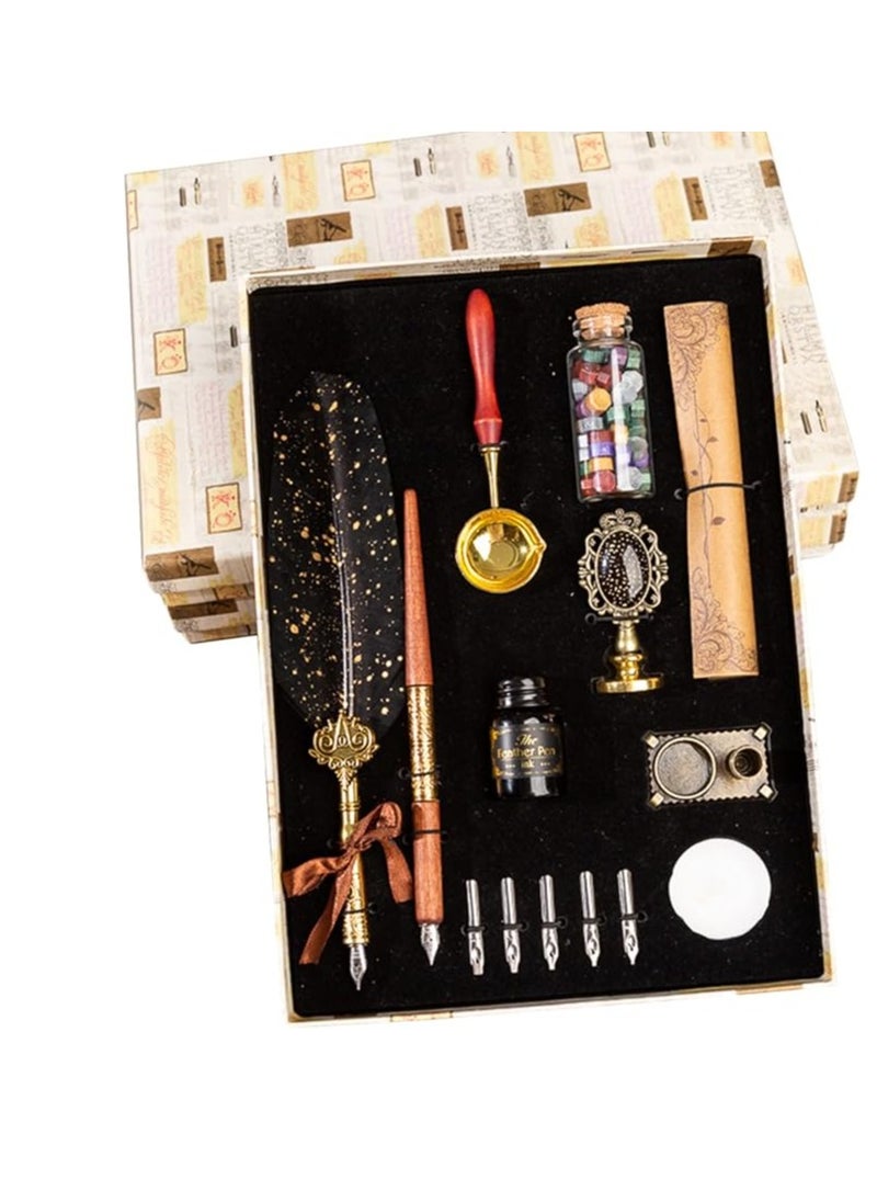 VolksRose Quill Pen and Ink Set, Calligraphy Feather Pen and Ink Set, Includes Dip Pen, 5 Replaceable Nib, Ink, Wax Seal Stamp, Wax Seal Beads, Envelope, Pen Holder, Calligraphy Writing Pen Set Gift  - Image 1