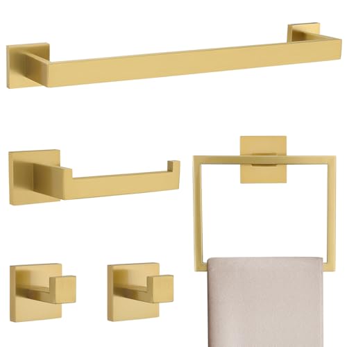 TNOMS Brushed Gold 5 Pieces Bathroom Hardware Accessories Set Towel Bar Set Towel HolderRacks Set for BathroomSUS304 Stainless SteelWall Mounted 16Inch - Image 1