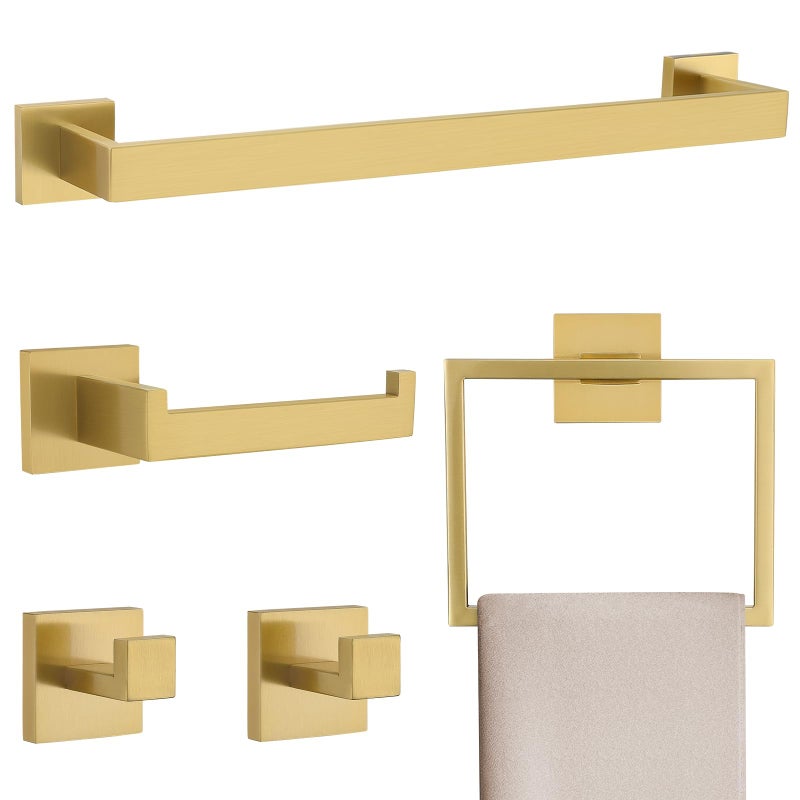 TNOMS Brushed Gold 5 Pieces Bathroom Hardware Accessories Set Towel Bar Set Towel HolderRacks Set for BathroomSUS304 Stainless SteelWall Mounted 16Inch - Image 2