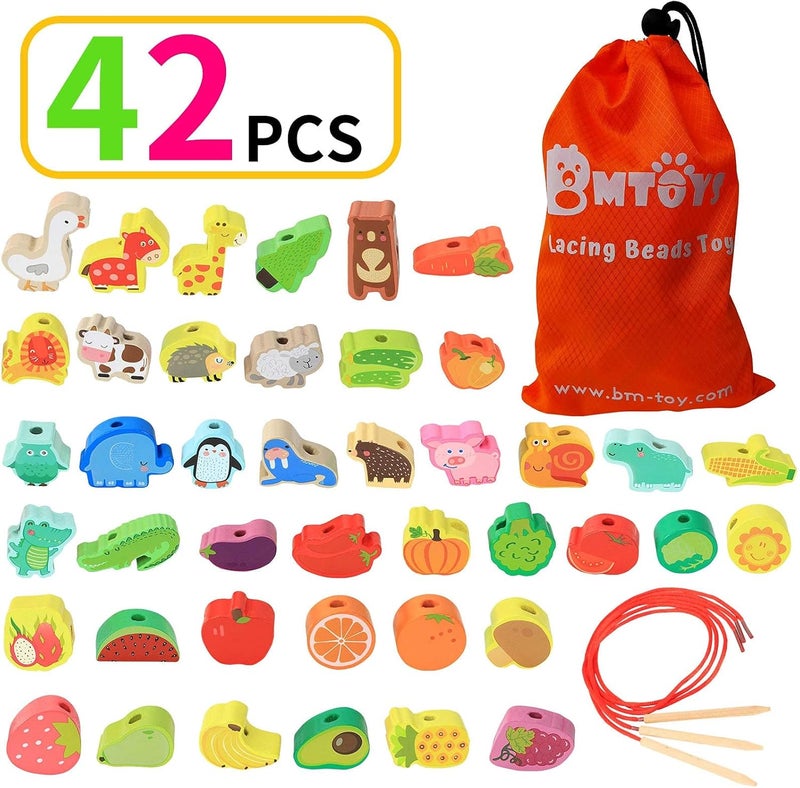ألعاب خشبية من BM TOYS على شكل حيوانات المزرعة والفواكه والخضروات لربط الخرز للأطفال الصغار ومرحلة ما قبل المدرسة (أولاد وبنات) - Image 2