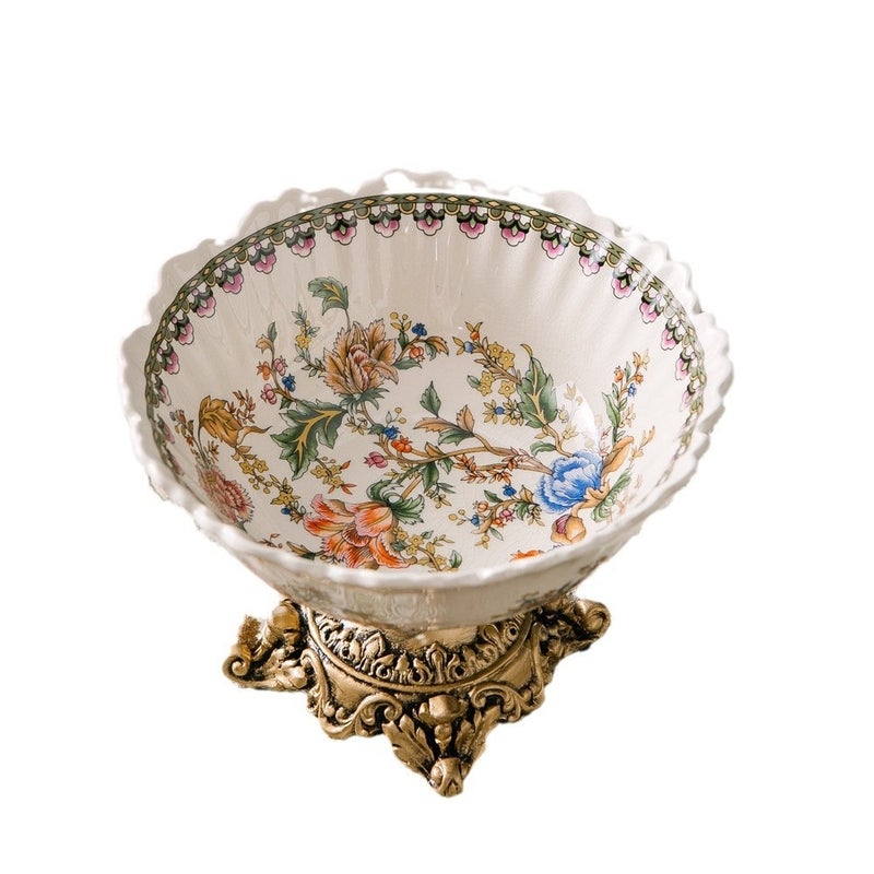 European Vintage Ceramic Fruit Plate with Pedestal Base, Decorative Footed Bowl for Living Room, Home Table Centerpiece, Blue & White Floral Design