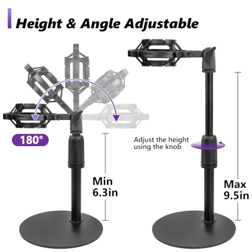 Rigych Mic Stand Desk Adjustable Desktop Microphone Stand with Stable Metal Base, Shock Mount, Pop Filter, Mic Clip, and Mic Adapter for AT2020, HyperX QuadCast, Blue Yeti, Shure SM58 - Image 3